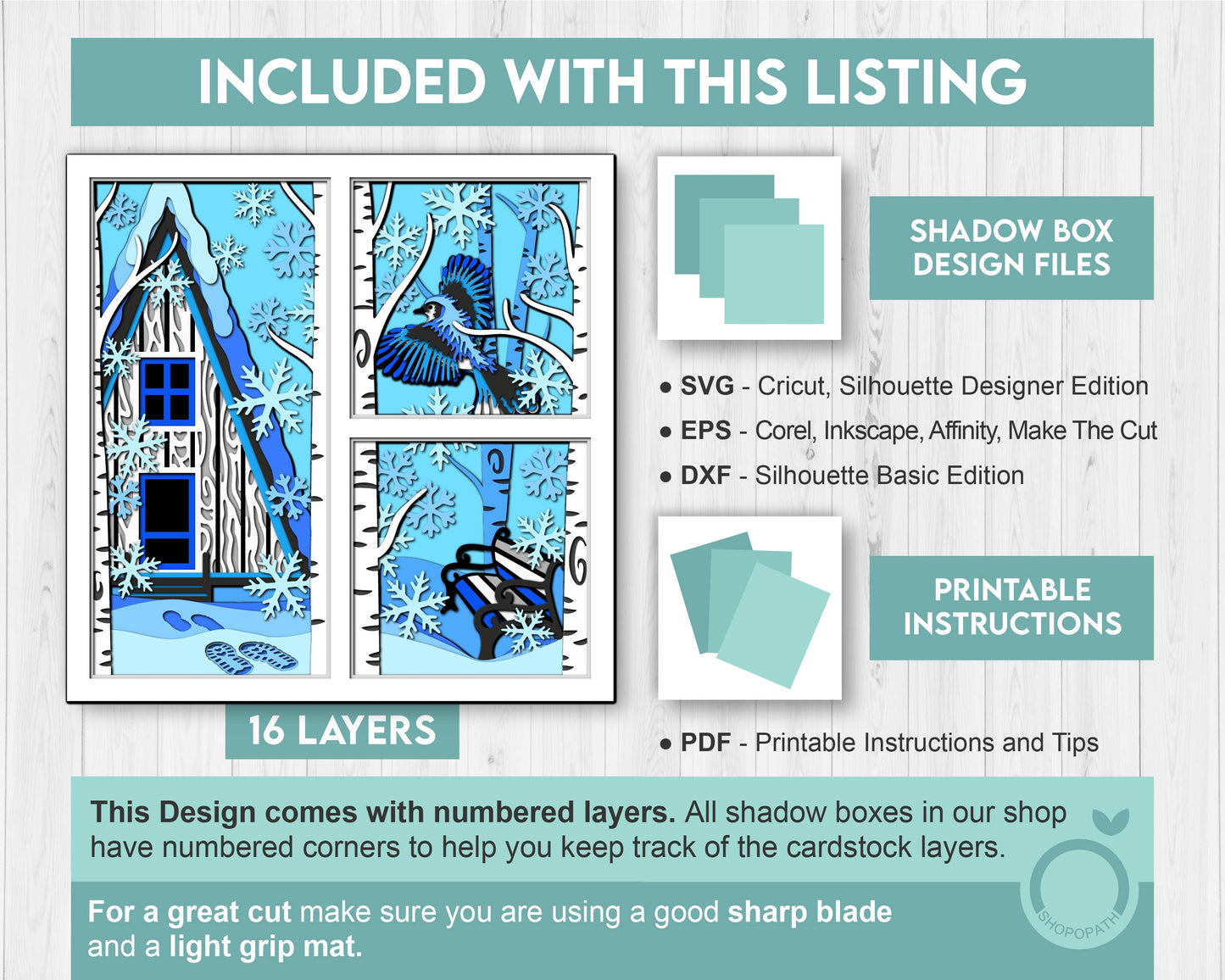 3D SVG Winter Shadow Box, Layered Bluejay Shadow Box Svg, Snowflakes 3D Svg, Birch Forest 3d Svg Christmas Shadow Box svg Cricut Silhouette