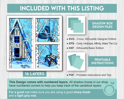 3D SVG Winter Shadow Box, Layered Bluejay Shadow Box Svg, Snowflakes 3D Svg, Birch Forest 3d Svg Christmas Shadow Box svg Cricut Silhouette
