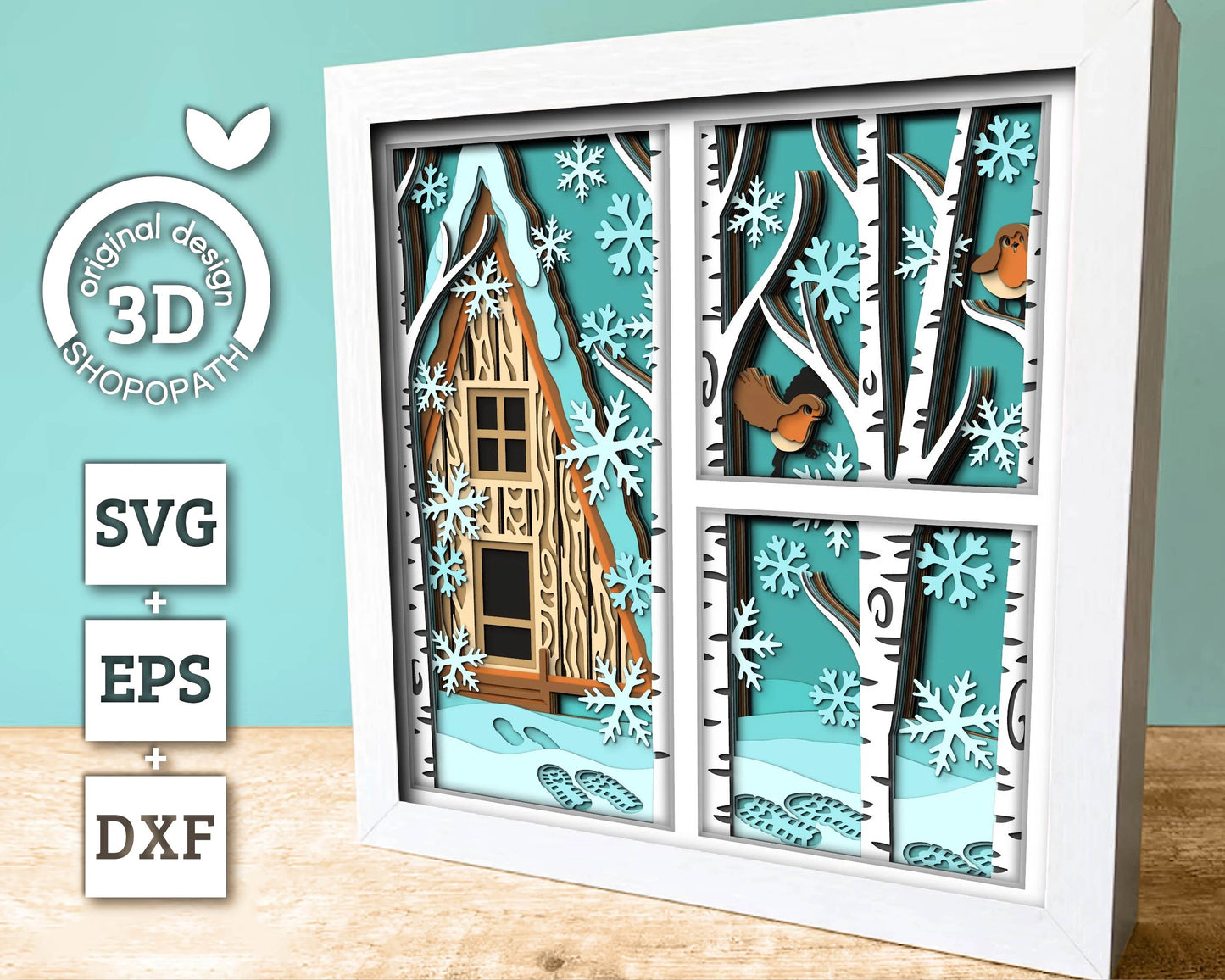 3D SVG Winter Cabin Shadow Box, Robin Shadow Box Svg, Snowflakes 3D Svg, Birch Forest 3d Svg, Christmas Shadow Box svg Cricut Silhouette