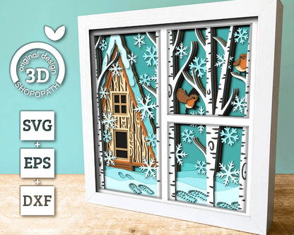 3D SVG Winter Cabin Shadow Box, Robin Shadow Box Svg, Snowflakes 3D Svg, Birch Forest 3d Svg, Christmas Shadow Box svg Cricut Silhouette