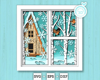 3D SVG Winter Cabin Shadow Box, Robin Shadow Box Svg, Snowflakes 3D Svg, Birch Forest 3d Svg, Christmas Shadow Box svg Cricut Silhouette