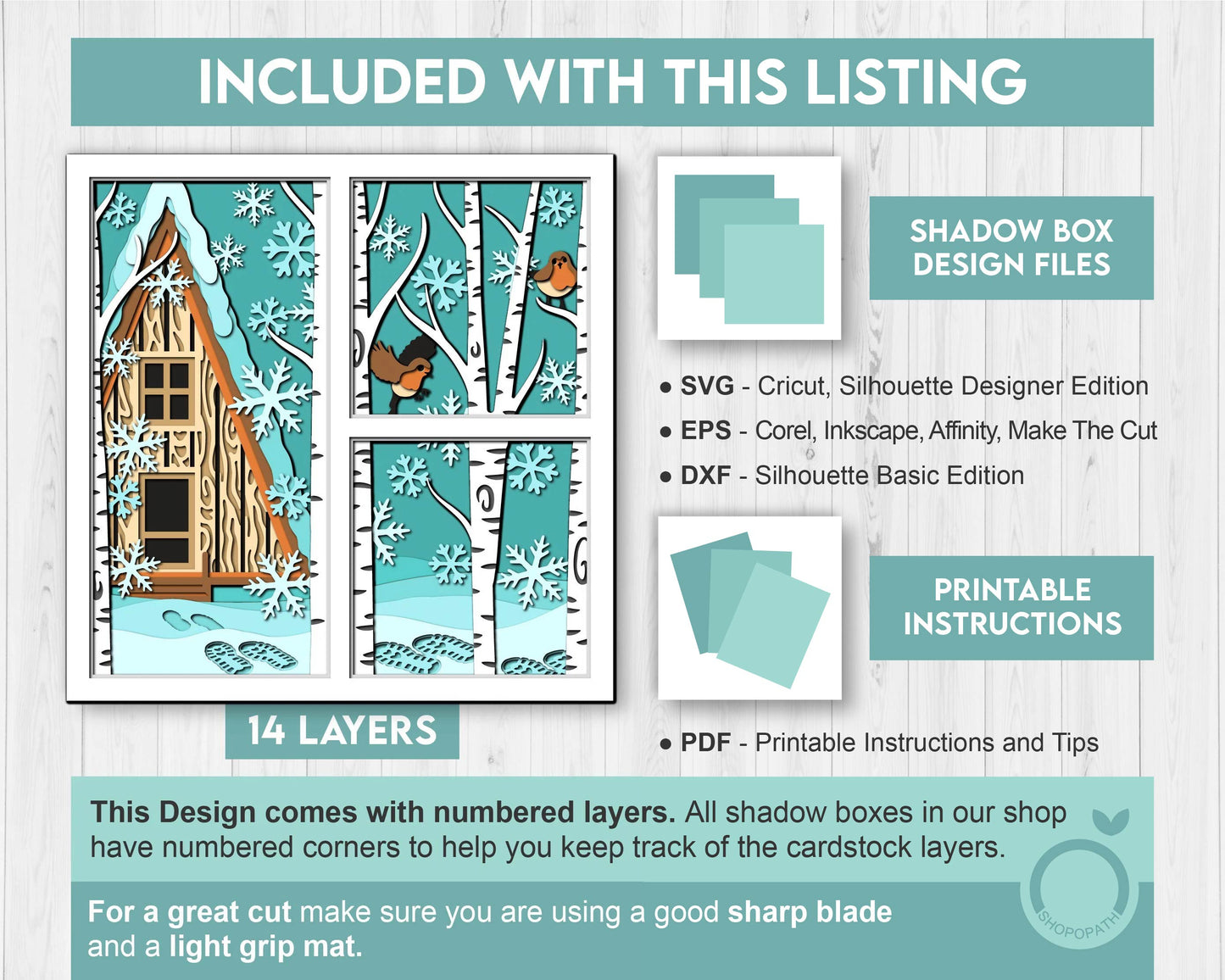 3D SVG Winter Cabin Shadow Box, Robin Shadow Box Svg, Snowflakes 3D Svg, Birch Forest 3d Svg, Christmas Shadow Box svg Cricut Silhouette