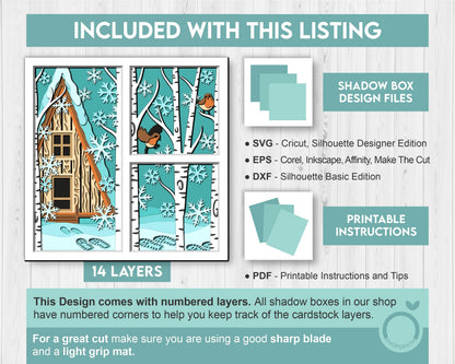 3D SVG Winter Cabin Shadow Box, Robin Shadow Box Svg, Snowflakes 3D Svg, Birch Forest 3d Svg, Christmas Shadow Box svg Cricut Silhouette