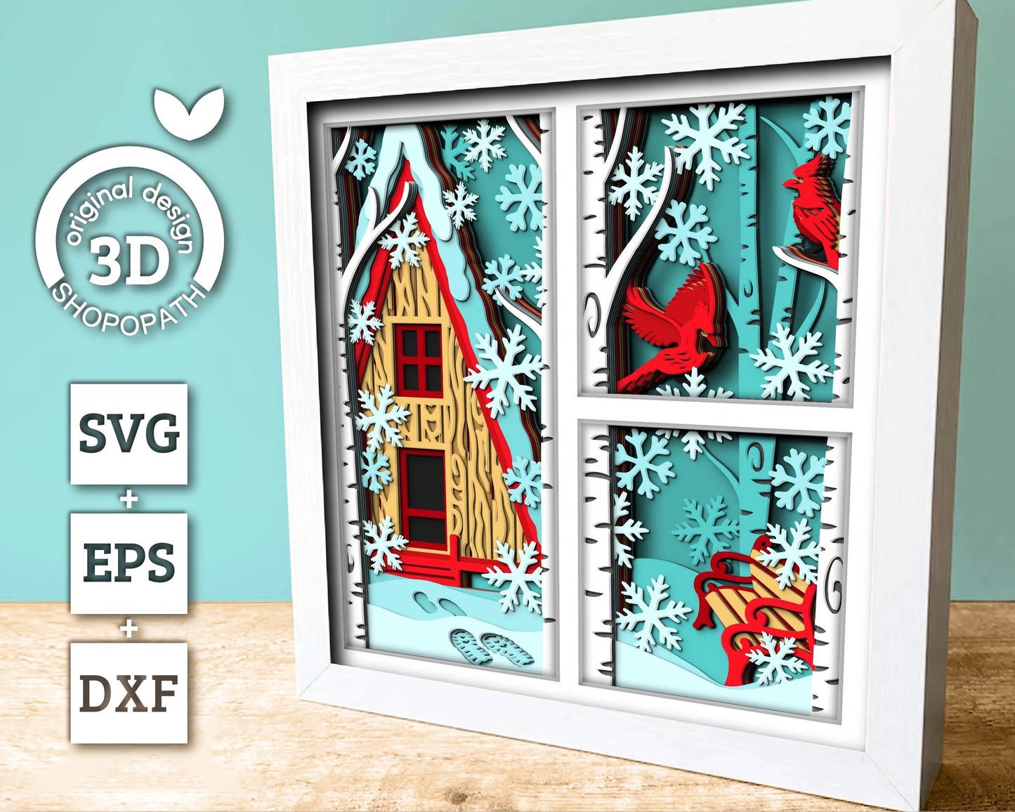 3D SVG Winter Shadow Box, Layered Cardinal Shadow Box Svg, Snowflakes 3D Svg, Birch Forest 3d Svg Christmas Shadow Box svg Cricut Silhouette