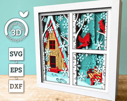 3D SVG Winter Shadow Box, Layered Cardinal Shadow Box Svg, Snowflakes 3D Svg, Birch Forest 3d Svg Christmas Shadow Box svg Cricut Silhouette