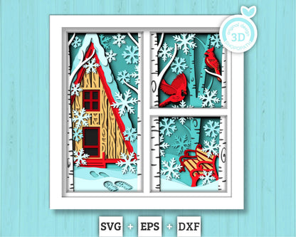 3D SVG Winter Shadow Box, Layered Cardinal Shadow Box Svg, Snowflakes 3D Svg, Birch Forest 3d Svg Christmas Shadow Box svg Cricut Silhouette