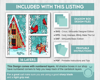 3D SVG Winter Shadow Box, Layered Cardinal Shadow Box Svg, Snowflakes 3D Svg, Birch Forest 3d Svg Christmas Shadow Box svg Cricut Silhouette