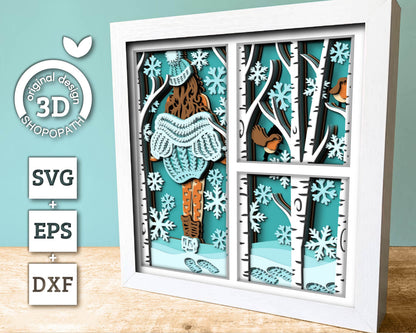 3D SVG Winter Shadow Box, Layered Robin Shadow Box Svg, Snowflakes 3D Svg, Birch Forest 3d Svg, Christmas Shadow Box svg Cricut Silhouette