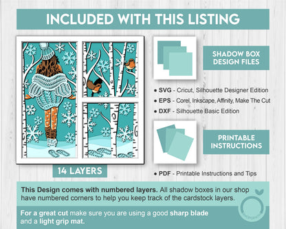 3D SVG Winter Shadow Box, Layered Robin Shadow Box Svg, Snowflakes 3D Svg, Birch Forest 3d Svg, Christmas Shadow Box svg Cricut Silhouette
