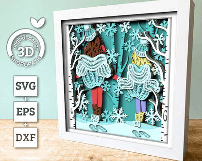 3D SVG Winter Shadow Box, Layered Family Shadow Box Svg, Snowflakes 3D Svg, Birch Forest 3d Svg, Christmas Shadow Box svg Cricut Silhouette