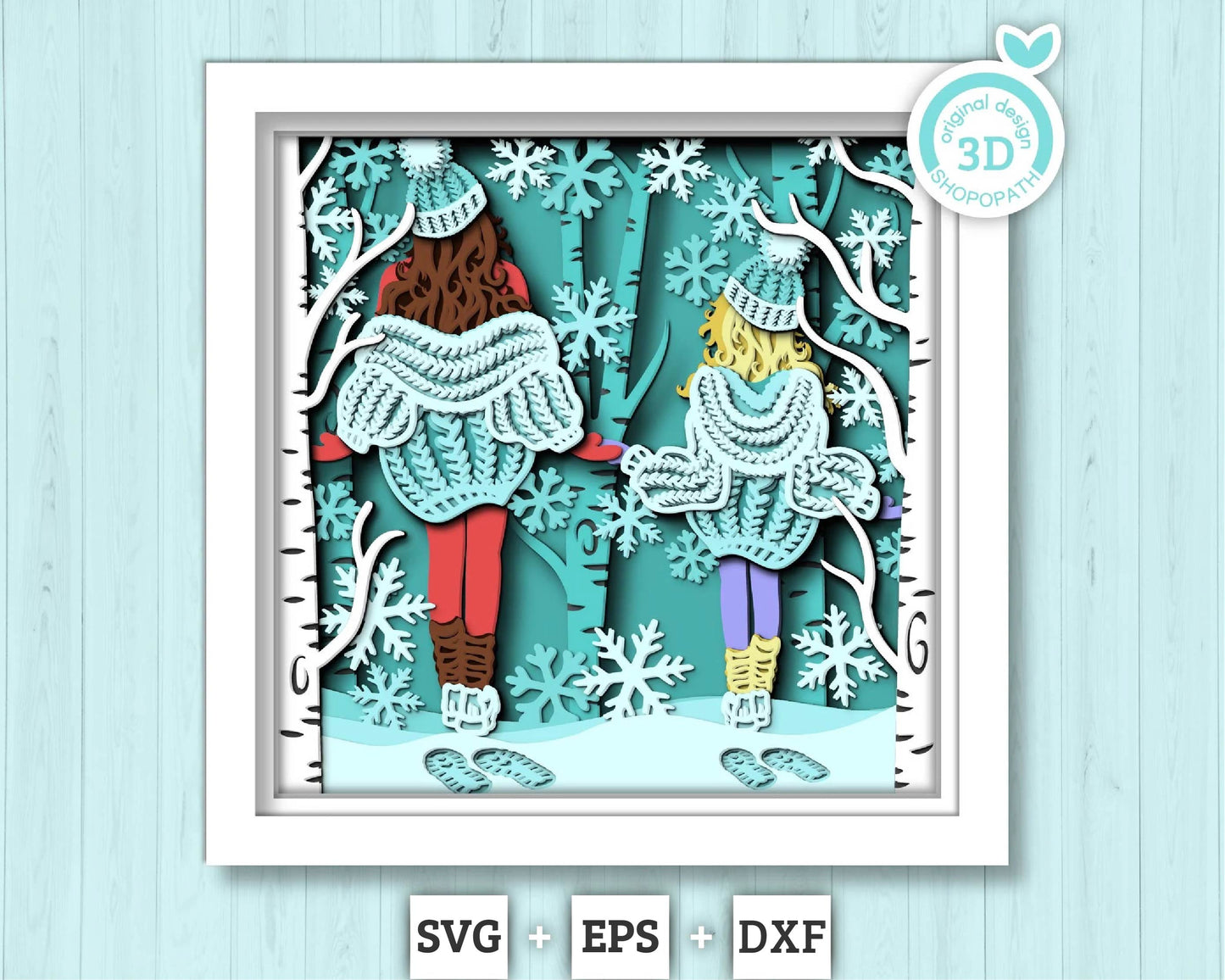 3D SVG Winter Shadow Box, Layered Family Shadow Box Svg, Snowflakes 3D Svg, Birch Forest 3d Svg, Christmas Shadow Box svg Cricut Silhouette