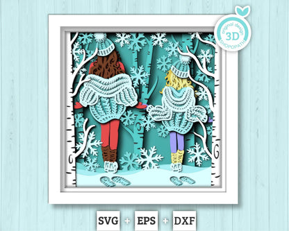 3D SVG Winter Shadow Box, Layered Family Shadow Box Svg, Snowflakes 3D Svg, Birch Forest 3d Svg, Christmas Shadow Box svg Cricut Silhouette
