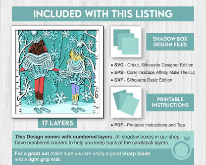 3D SVG Winter Shadow Box, Layered Family Shadow Box Svg, Snowflakes 3D Svg, Birch Forest 3d Svg, Christmas Shadow Box svg Cricut Silhouette