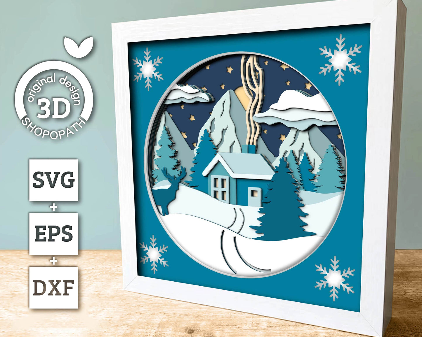 3D SVG Winter Shadow Box, Ski Cabin Shadow Box Svg, Deer 3D Svg, Mountain Lodge 3d Svg Snowflakes Shadow Box svg Stars SVG Cricut Silhouette