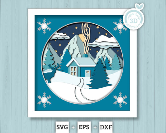 3D SVG Winter Shadow Box, Ski Cabin Shadow Box Svg, Deer 3D Svg, Mountain Lodge 3d Svg Snowflakes Shadow Box svg Stars SVG Cricut Silhouette