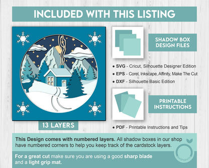 3D SVG Winter Shadow Box, Ski Cabin Shadow Box Svg, Deer 3D Svg, Mountain Lodge 3d Svg Snowflakes Shadow Box svg Stars SVG Cricut Silhouette