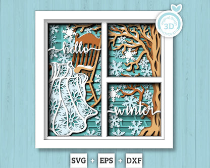 3D SVG Winter Shadow Box, Layered Quilt Shadow Box Svg, Snowflakes 3D Svg, Porch Chair 3d Svg, Christmas Shadow Box svg Cricut Silhouette