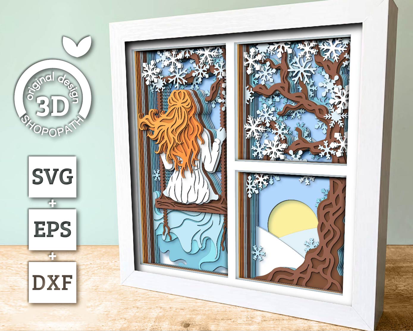 3D SVG Woman On Swing Under Winter Tree Shadow Box, Winter 3D SVG, Snowflakes 3D svg, 3d Sakura Tree Svg, Shopopath 3D SVG Cricut Silhouette