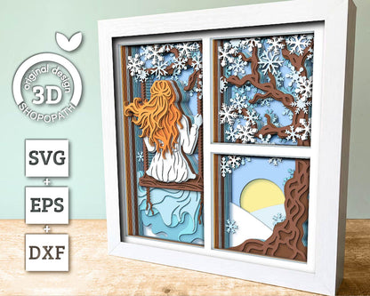 3D SVG Woman On Swing Under Winter Tree Shadow Box, Winter 3D SVG, Snowflakes 3D svg, 3d Sakura Tree Svg, Shopopath 3D SVG Cricut Silhouette