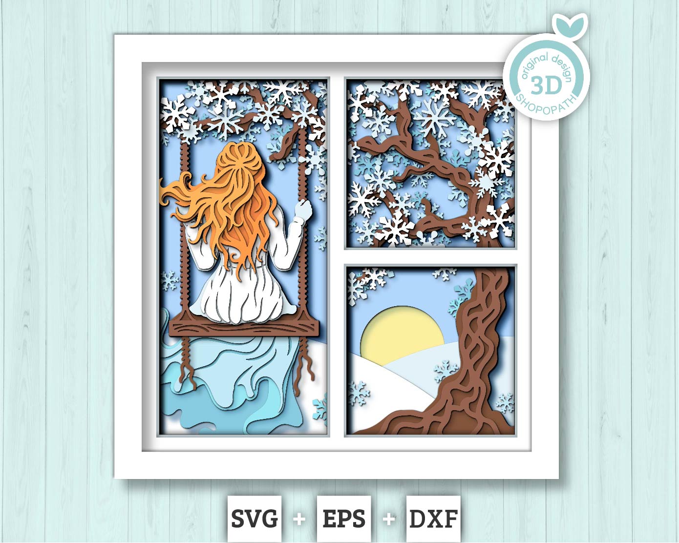 3D SVG Woman On Swing Under Winter Tree Shadow Box, Winter 3D SVG, Snowflakes 3D svg, 3d Sakura Tree Svg, Shopopath 3D SVG Cricut Silhouette