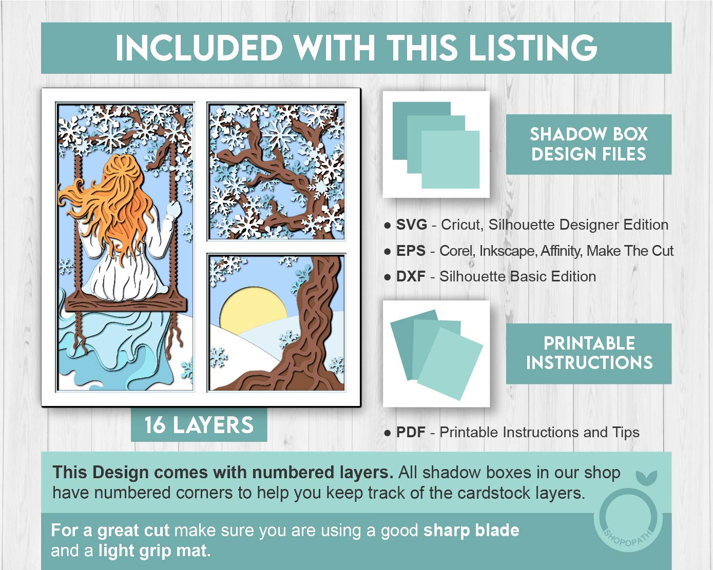 3D SVG Woman On Swing Under Winter Tree Shadow Box, Winter 3D SVG, Snowflakes 3D svg, 3d Sakura Tree Svg, Shopopath 3D SVG Cricut Silhouette