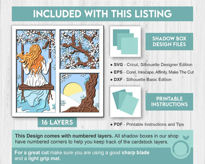 3D SVG Woman On Swing Under Winter Tree Shadow Box, Winter 3D SVG, Snowflakes 3D svg, 3d Sakura Tree Svg, Shopopath 3D SVG Cricut Silhouette