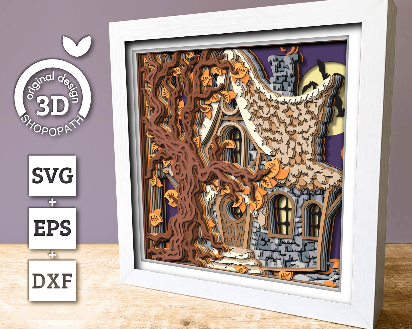 3D SVG Witch Hut Shadow Box, Halloween Shadow Box 3D Svg, Haunted Hut 3D SVG, Layered Witch Papercut svg, Bats 3D SVG Cricut Silhouette