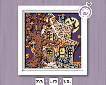 3D SVG Witch Hut Shadow Box, Halloween Shadow Box 3D Svg, Haunted Hut 3D SVG, Layered Witch Papercut svg, Bats 3D SVG Cricut Silhouette