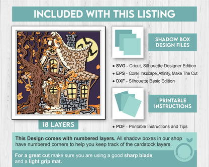 3D SVG Witch Hut Shadow Box, Halloween Shadow Box 3D Svg, Haunted Hut 3D SVG, Layered Witch Papercut svg, Bats 3D SVG Cricut Silhouette