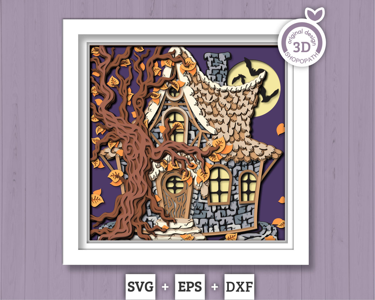 3D SVG Witch Hut Shadow Box, Halloween Shadow Box 3D Svg, Haunted Hut 3D SVG, Layered Witch Papercut svg, Bats 3D SVG Cricut Silhouette