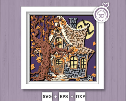 3D SVG Witch Hut Shadow Box, Halloween Shadow Box 3D Svg, Haunted Hut 3D SVG, Layered Witch Papercut svg, Bats 3D SVG Cricut Silhouette