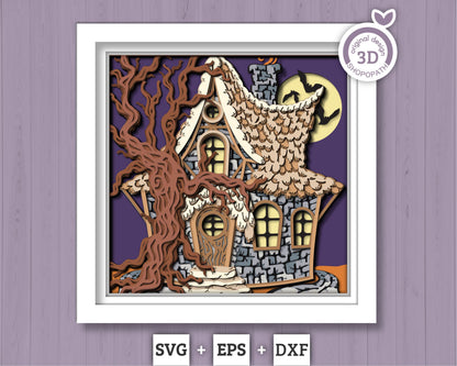 3D SVG Witch Hut Shadow Box, Halloween Shadow Box 3D Svg, Haunted Hut 3D SVG, Layered Witch Papercut svg, Bats 3D SVG Cricut Silhouette