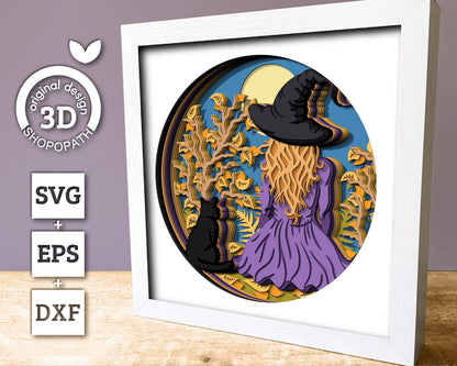 3D SVG Witch With Black Cat Shadow Box, Halloween 3D Svg, Witch 3D SVG, Layered Witch 3D svg, Black Layered Cat 3D SVG, Cricut Silhouette