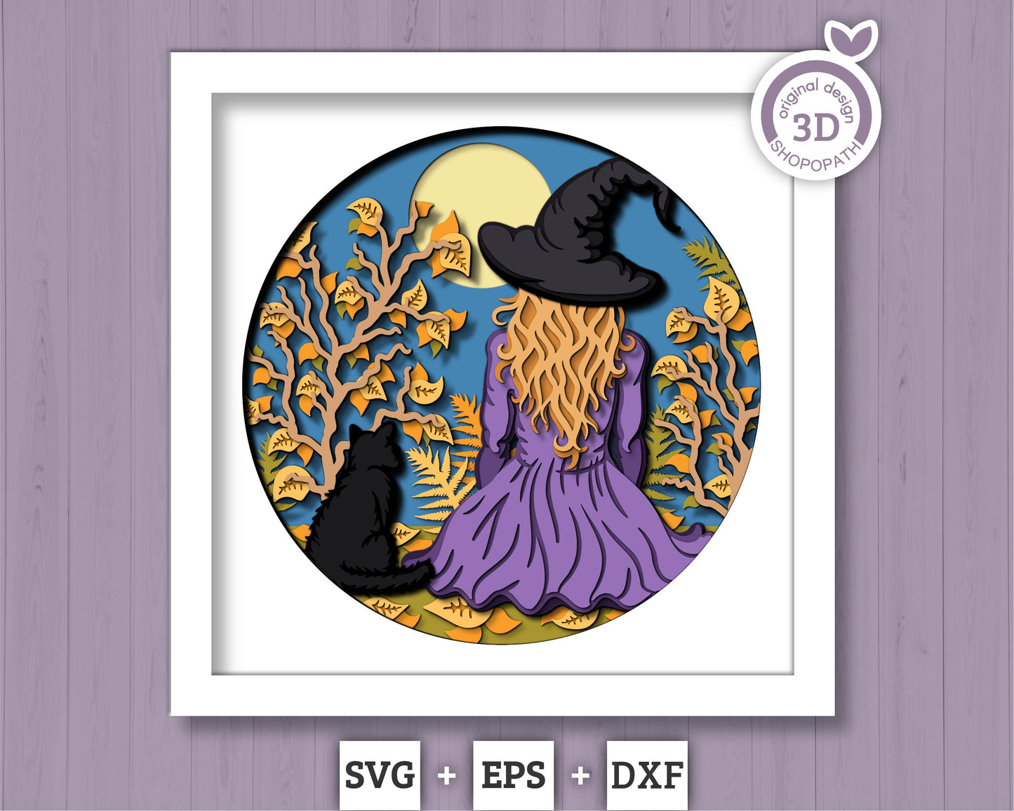 3D SVG Witch With Black Cat Shadow Box, Halloween 3D Svg, Witch 3D SVG, Layered Witch 3D svg, Black Layered Cat 3D SVG, Cricut Silhouette