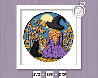 3D SVG Witch With Black Cat Shadow Box, Halloween 3D Svg, Witch 3D SVG, Layered Witch 3D svg, Black Layered Cat 3D SVG, Cricut Silhouette