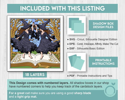 Witch Sisters Dancing on Spell Book - 3D Shadow Box Layered SVG DXF EPS (Cutting Files)
