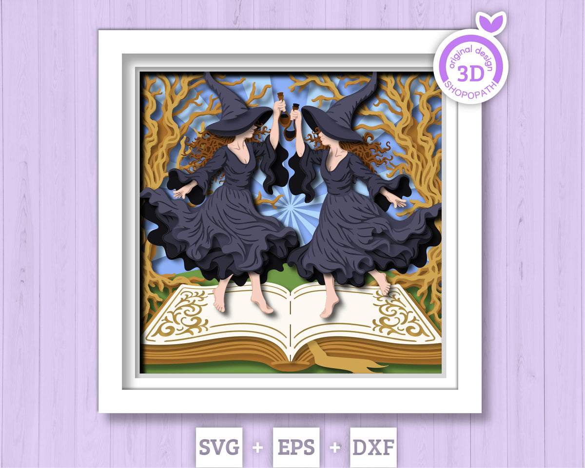 Witch Sisters Dancing on Spell Book - 3D Shadow Box Layered SVG DXF EPS (Cutting Files)