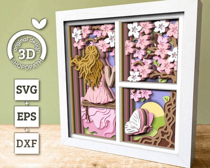 Woman Under Blossom Tree Panels - 3D Shadow Box Layered SVG DXF EPS (Cutting Files)