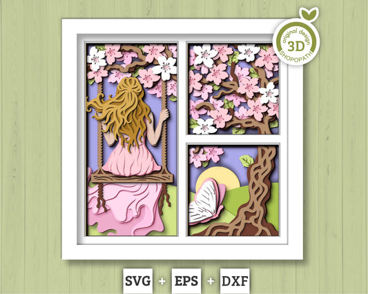 Woman Under Blossom Tree Panels - 3D Shadow Box Layered SVG DXF EPS (Cutting Files)