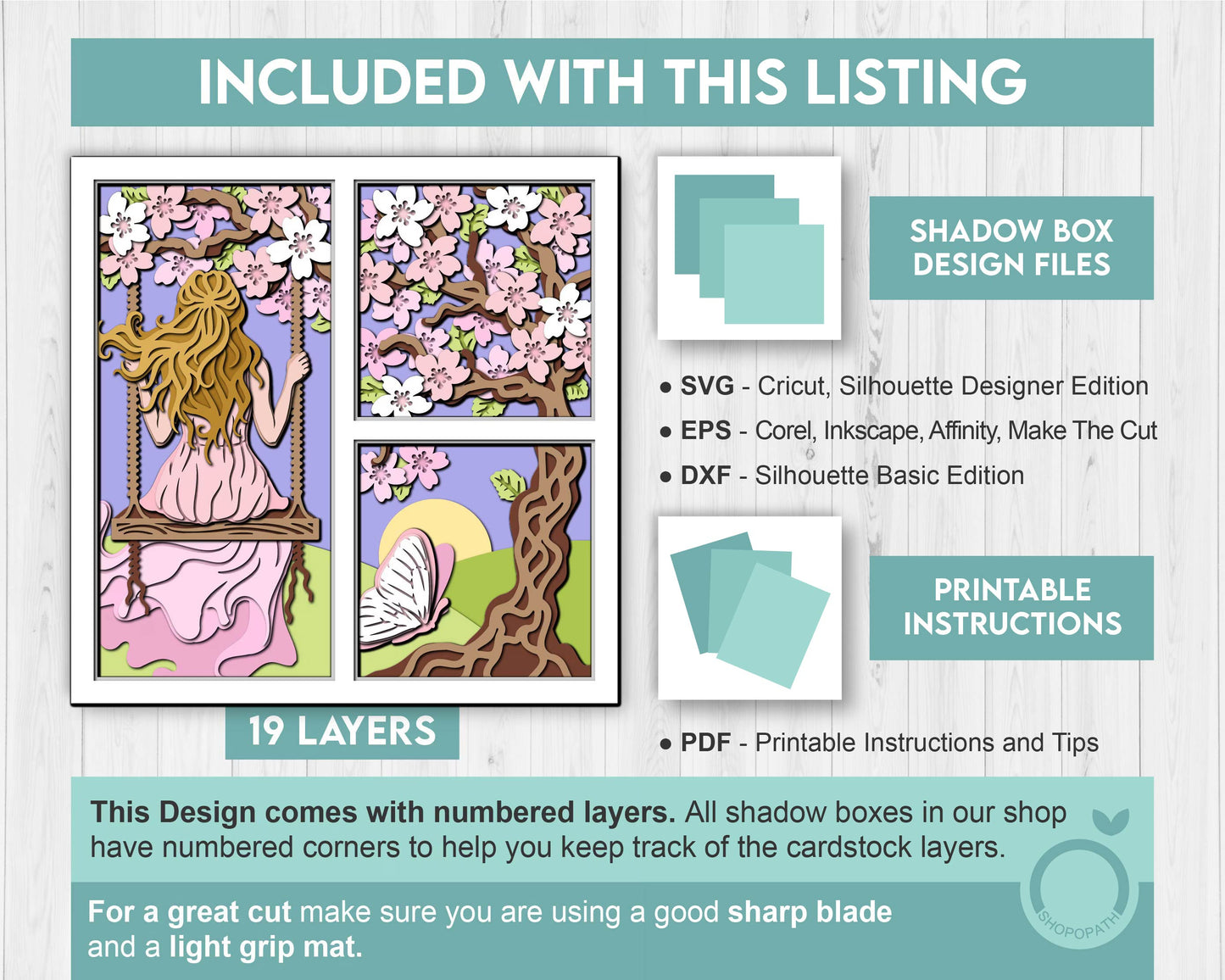 Woman Under Blossom Tree Panels - 3D Shadow Box Layered SVG DXF EPS (Cutting Files)