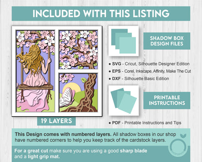 Woman Under Blossom Tree Panels - 3D Shadow Box Layered SVG DXF EPS (Cutting Files)