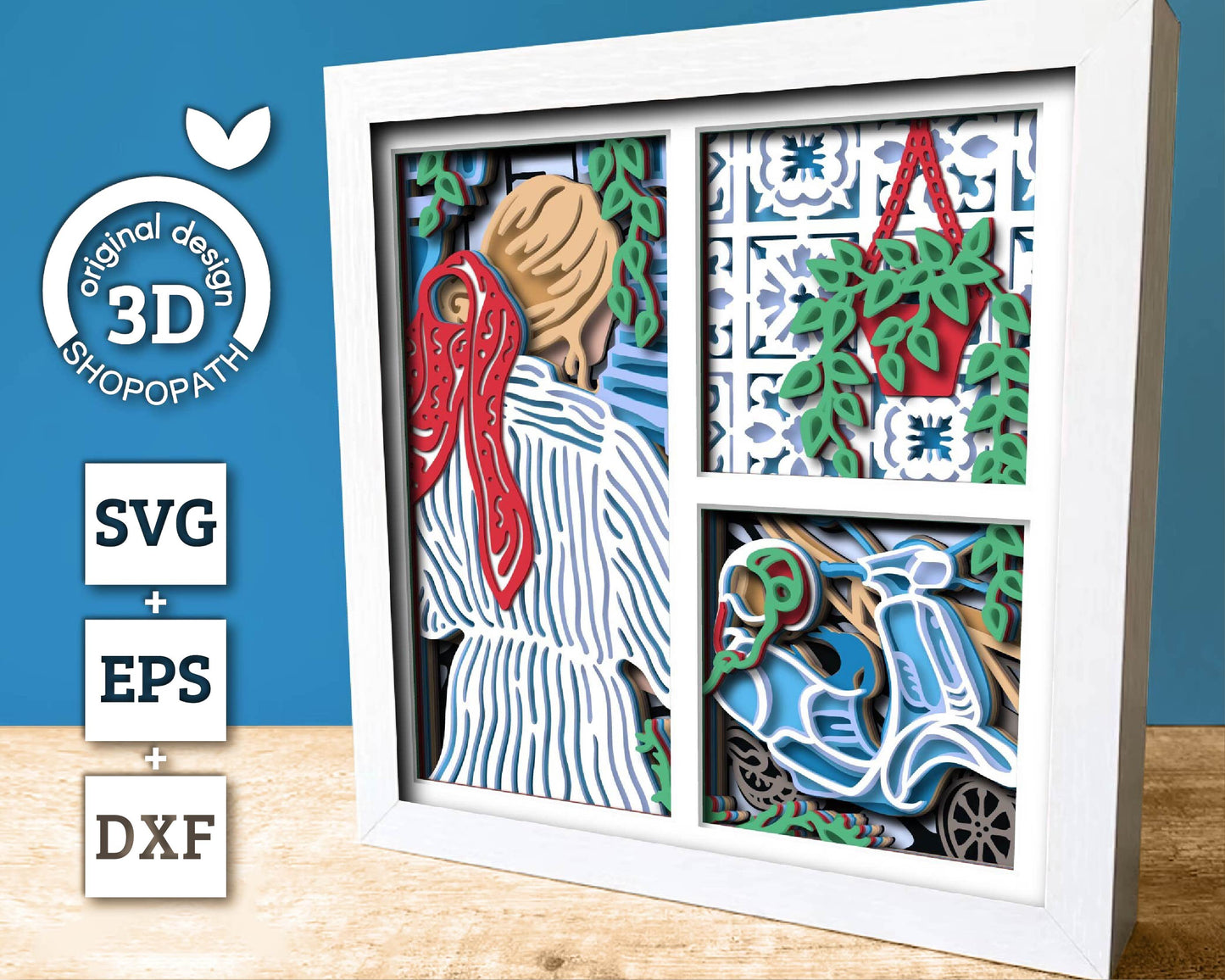 Woman in Greece Summer Vacation - 3D Shadow Box Layered SVG DXF EPS (Cutting Files)