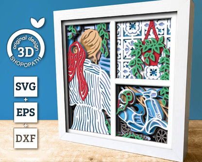 Woman in Greece Summer Vacation - 3D Shadow Box Layered SVG DXF EPS (Cutting Files)