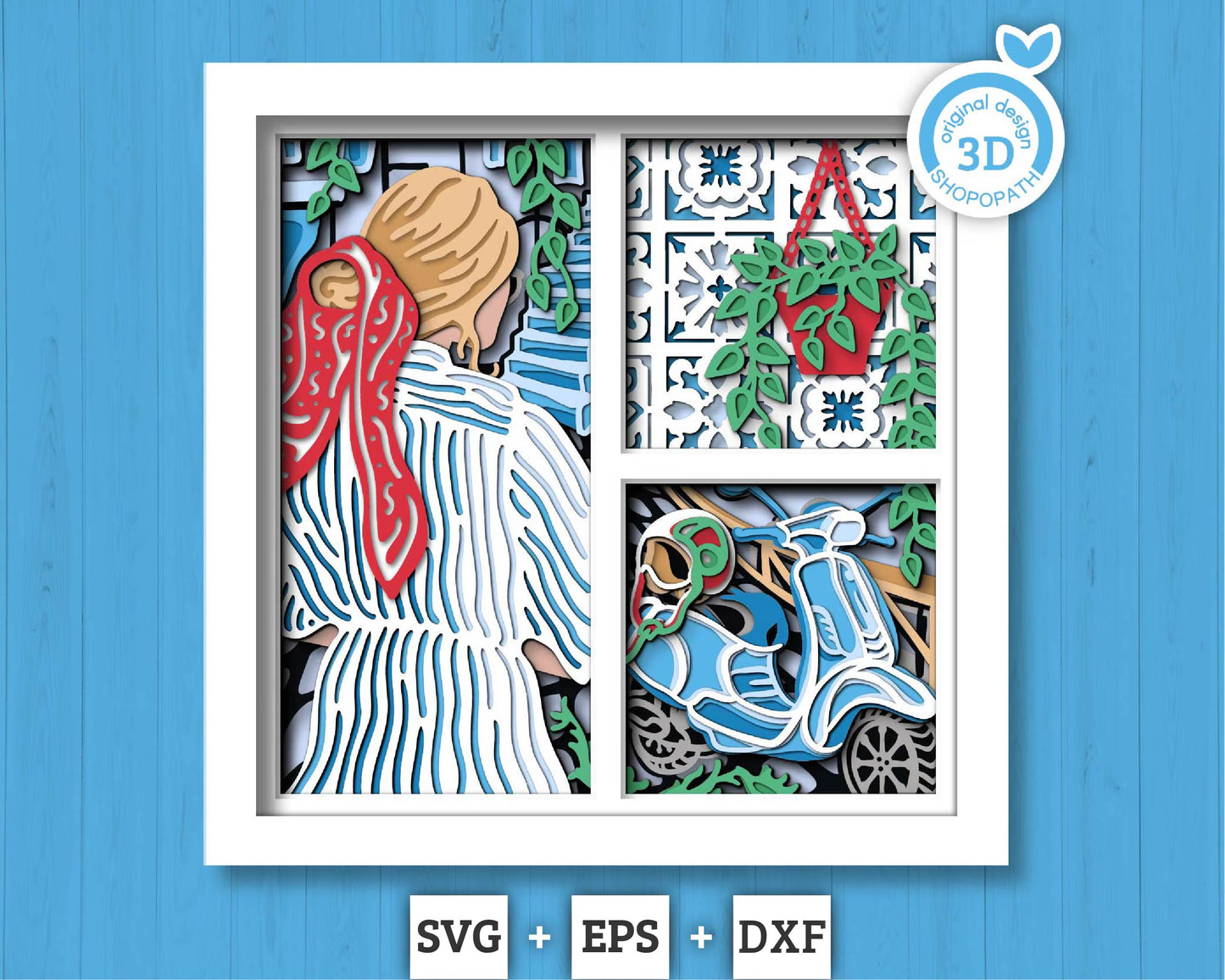 Woman in Greece Summer Vacation - 3D Shadow Box Layered SVG DXF EPS (Cutting Files)