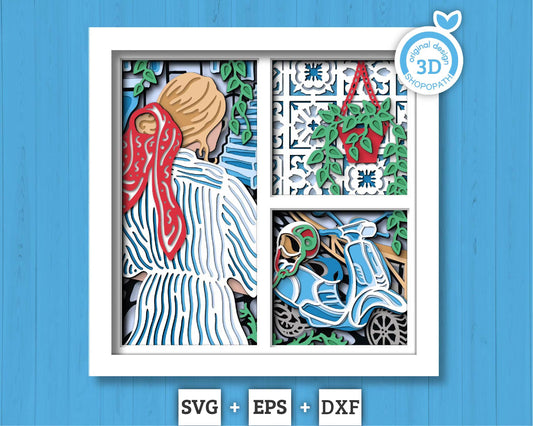 Woman in Greece Summer Vacation - 3D Shadow Box Layered SVG DXF EPS (Cutting Files)
