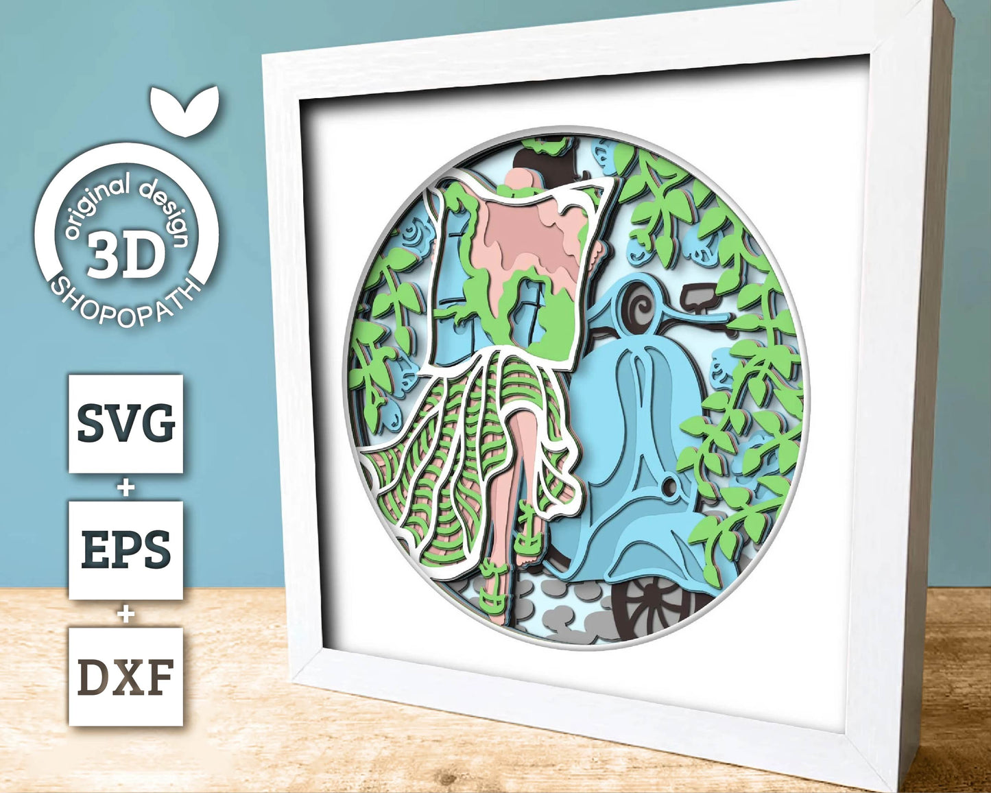 Woman on Vacation with Scooter and Roses - 3D Shadow Box Layered SVG DXF EPS (Cutting Files)