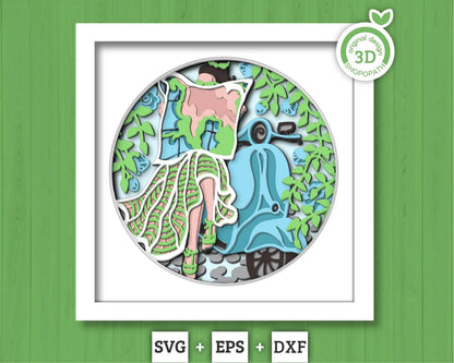 Woman on Vacation with Scooter and Roses - 3D Shadow Box Layered SVG DXF EPS (Cutting Files)