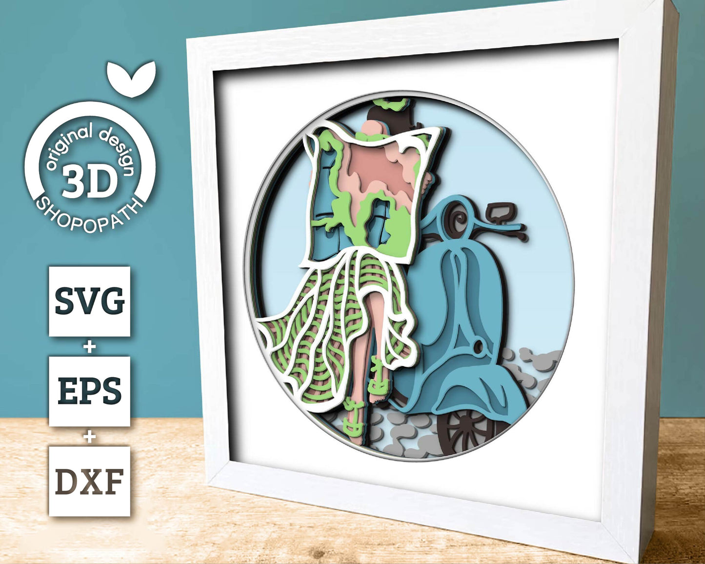 Woman on Vacation with Scooter - 3D Shadow Box Layered SVG DXF EPS (Cutting Files)