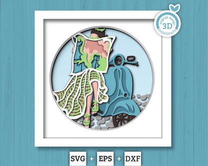 Woman on Vacation with Scooter - 3D Shadow Box Layered SVG DXF EPS (Cutting Files)