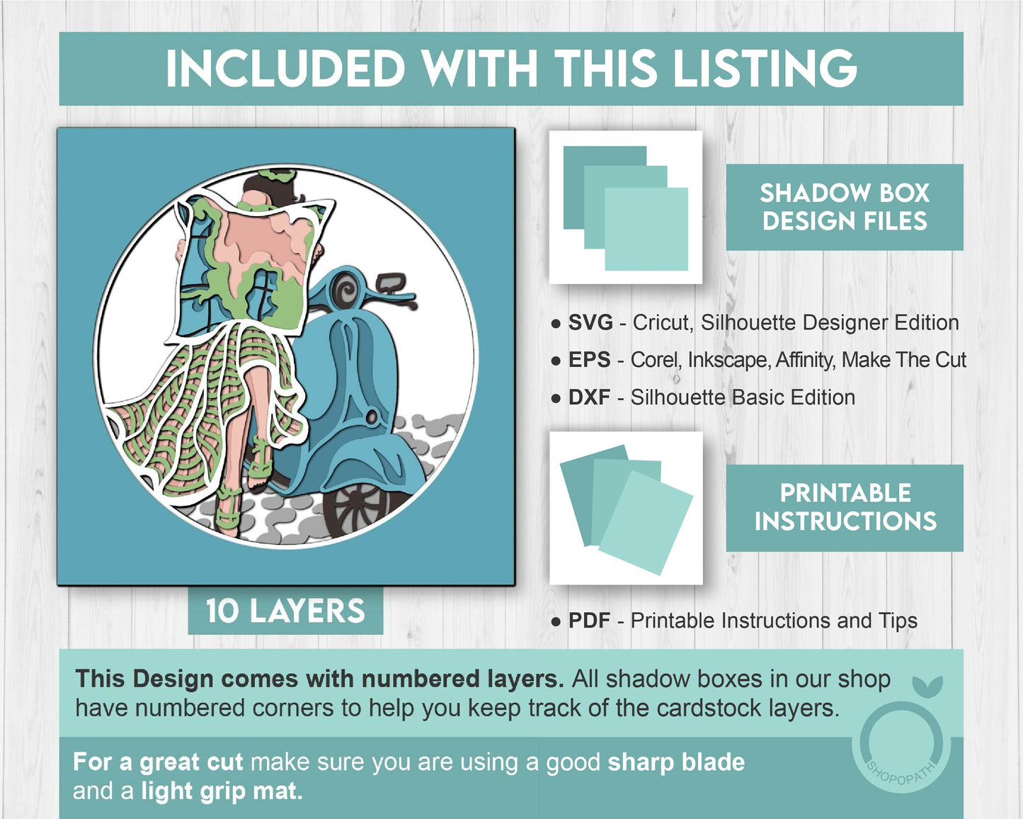 Woman on Vacation with Scooter - 3D Shadow Box Layered SVG DXF EPS (Cutting Files)